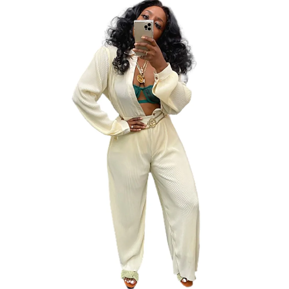 LD81060 New Arrival Casual Solid Beige White Sets Shirts and Pants Lounge Wear Fall Clothing Two Women Piece Sets