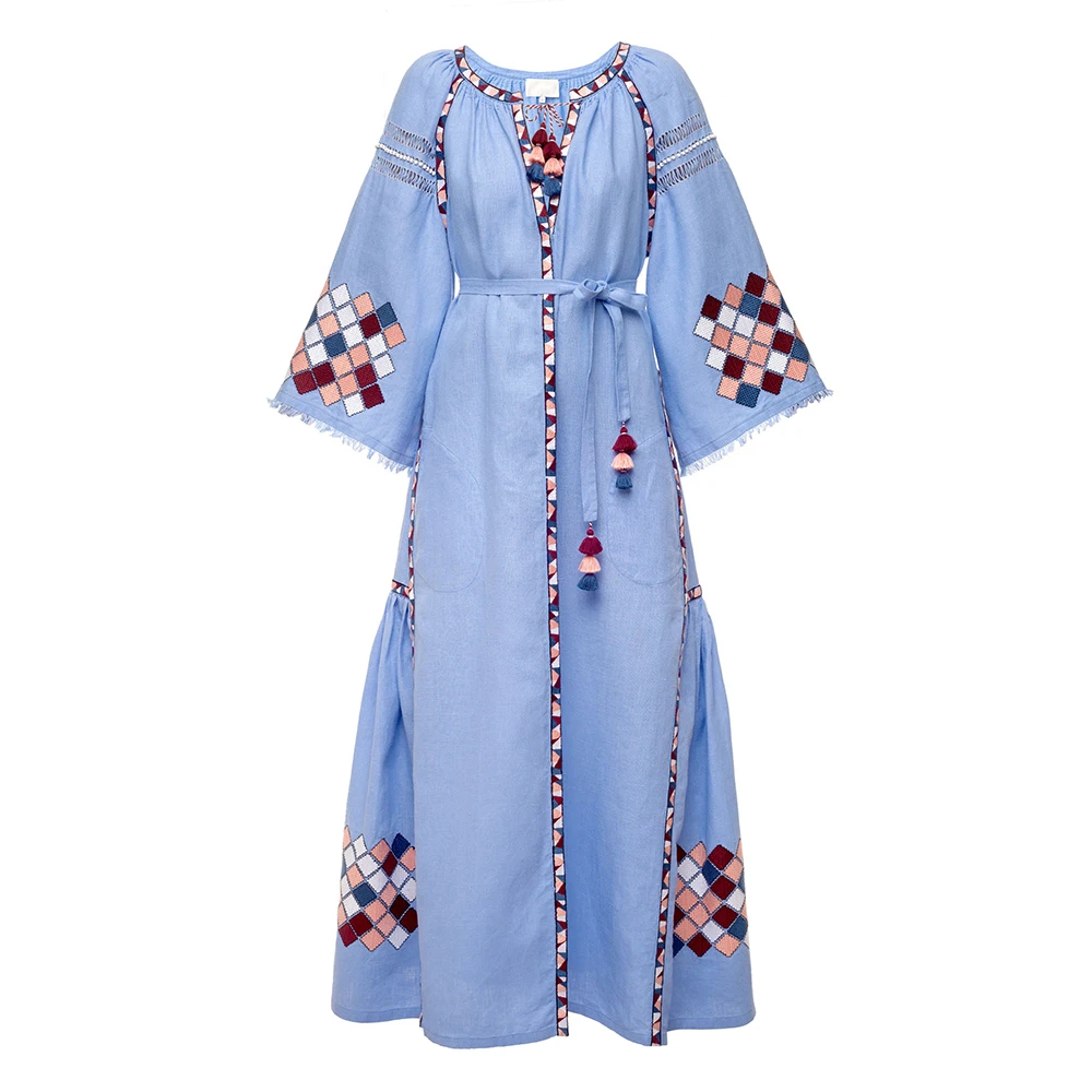 Boho Summer Linen Ukrainian Embroidered Western Three Quarter Sleeve With Waist Belt Perfect Bohemian Dresses