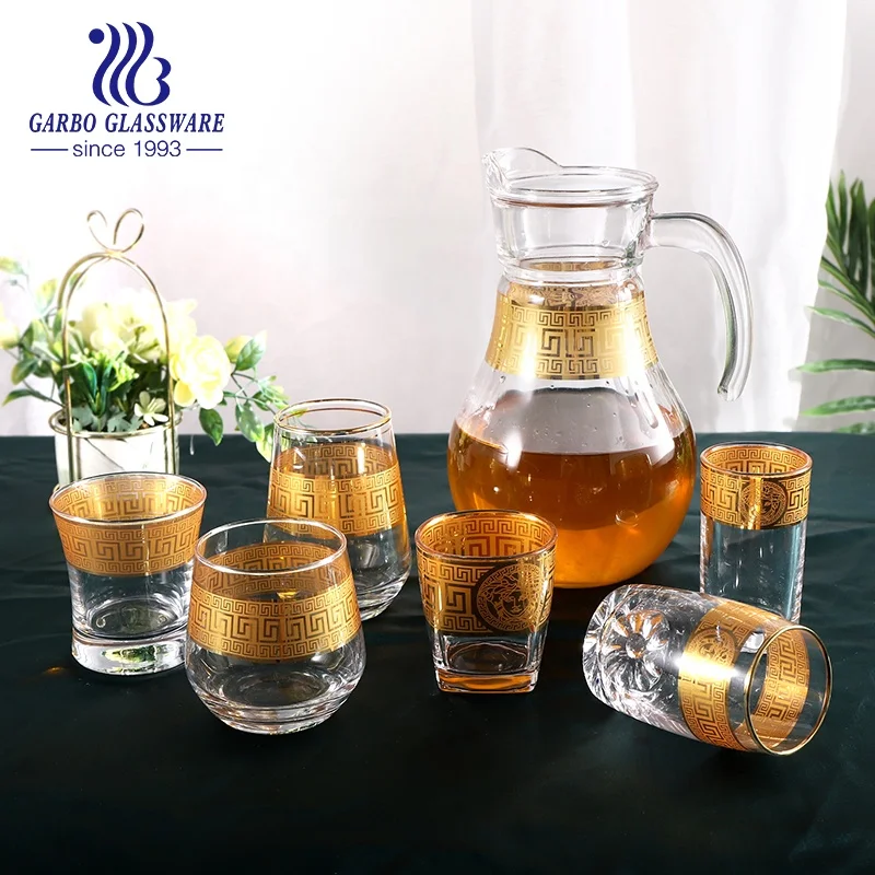 Golden rim glass pitcher and cups set for Arabic tea unfading ion electroplated color glass drinking jug and tumblers set of 7