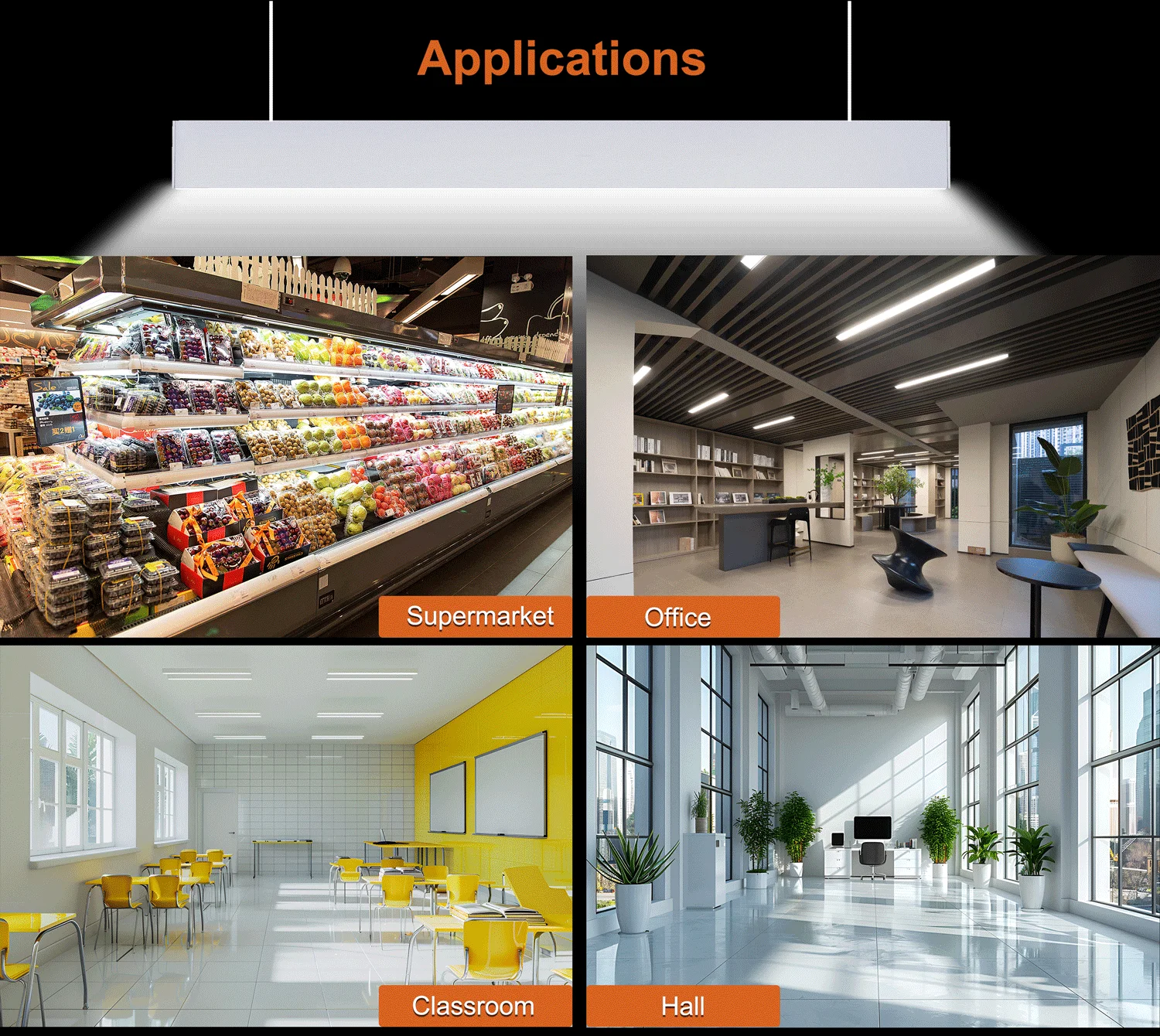 120lm/w Wide Suspended Led Linear Profile Light Linkable Aluminum Led Linear Lights with Sensors