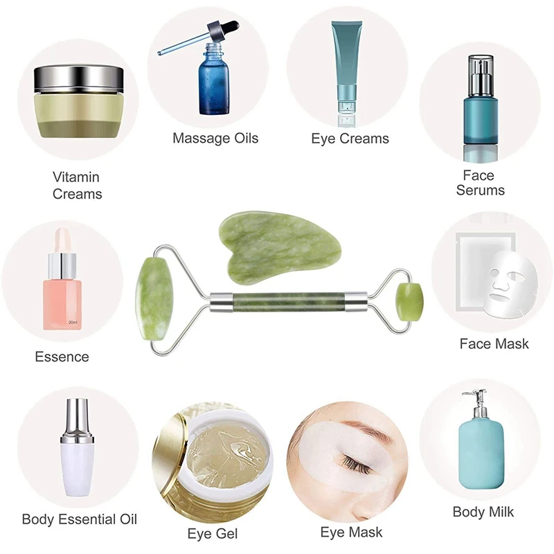 Custom Logo Anti Aging Facial Gemstone Guasha Massager tool Body Scraping Massage Jade Gua Sha Roller Set for Face