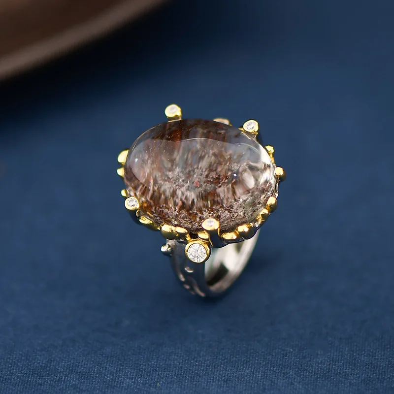 Italy Sterling Silver Jewelry Oval Gemstone Ring Gold Plated Natural Rock Crystal Stone Rings Jewelry For Women Girls 