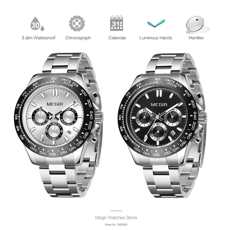 MEGIR Men Stainless Steel Strap Watch Top Brand Luxury Sports Quartz Watches Waterproof Chronograph Wristwatch 8104
