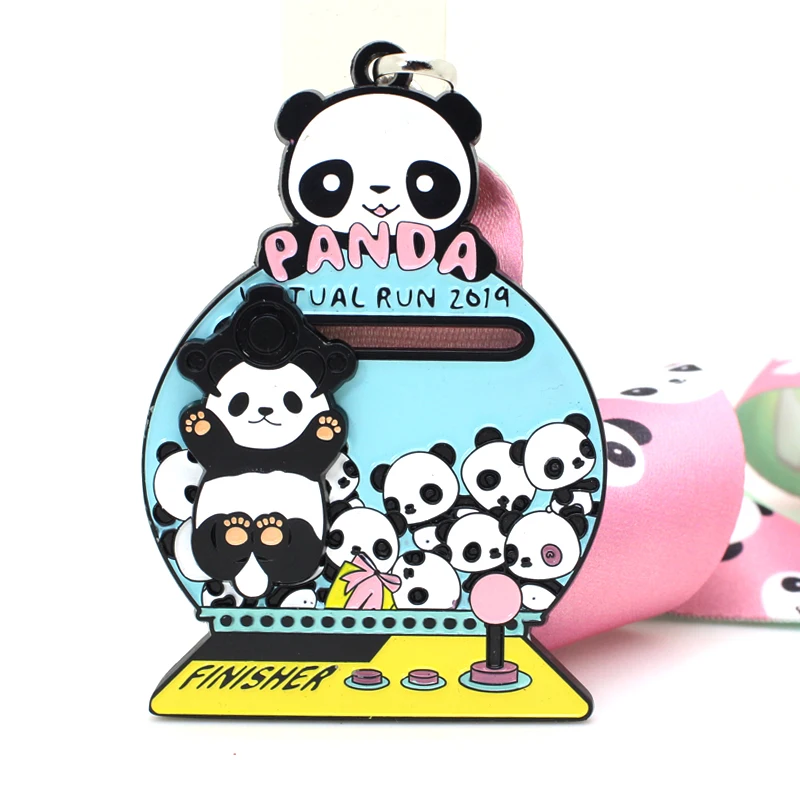 Surewin crafts manufacturer custom design custe panda 3d metal finisher medal with ribbon