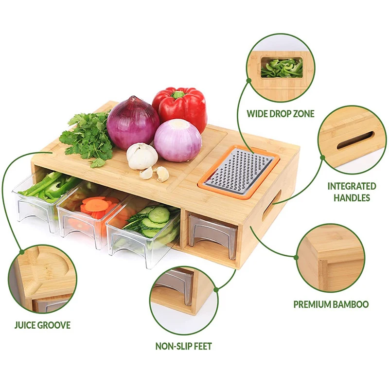 Household bamboo cutting board creative bamboo cutting board kitchen cutting board with 4 classification storage drawers