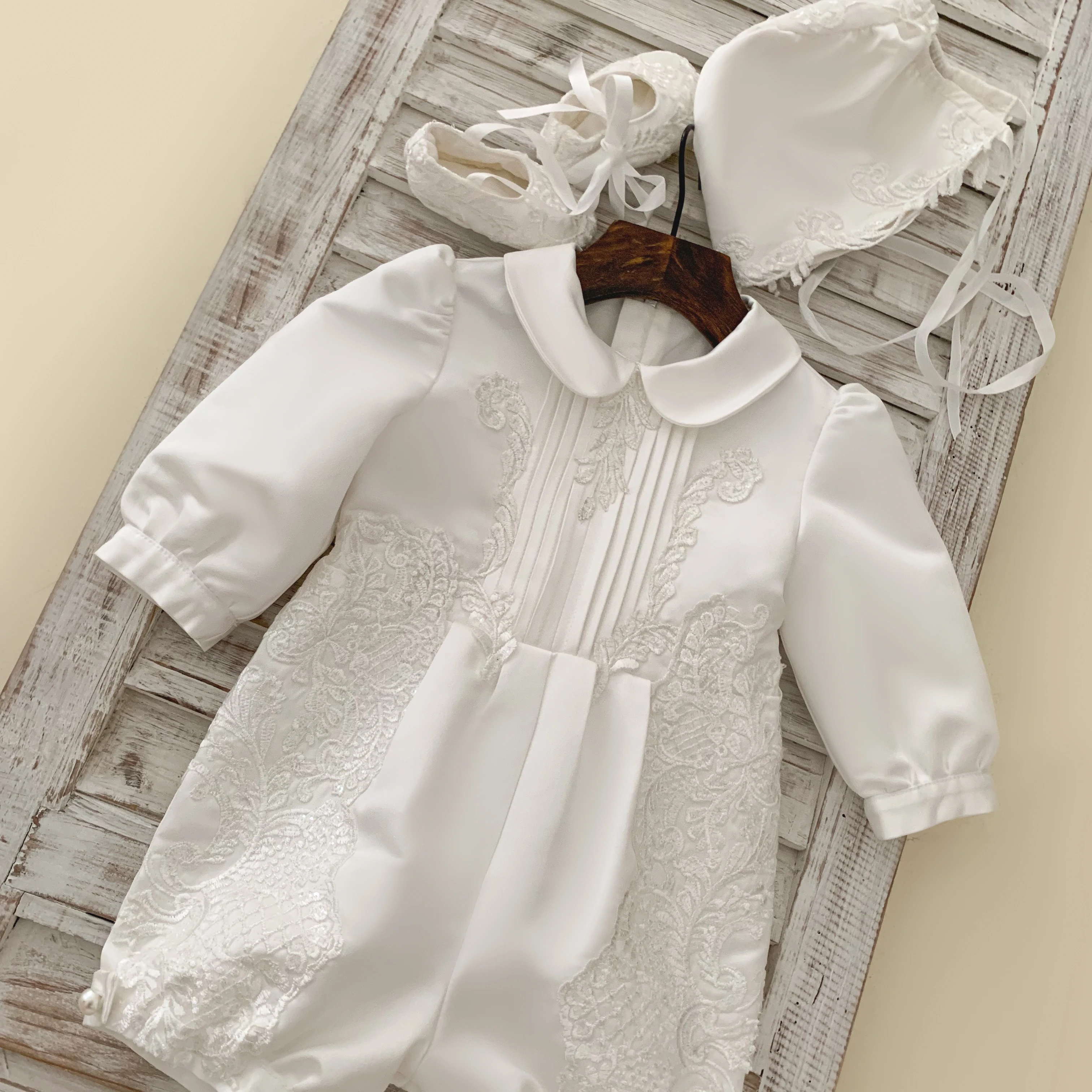 Lace Satin Baby Boy Christening Outfit Baby Romper with Cape Christening Clothes for Baby Boy with Cap/Shoes