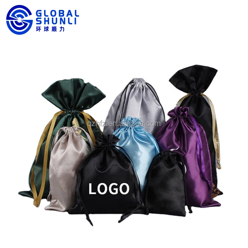 Оптовая продажа от Global Shunli Подарочный шелковый атласный мешочек для наращивания волос черный мешок с индивидуальным