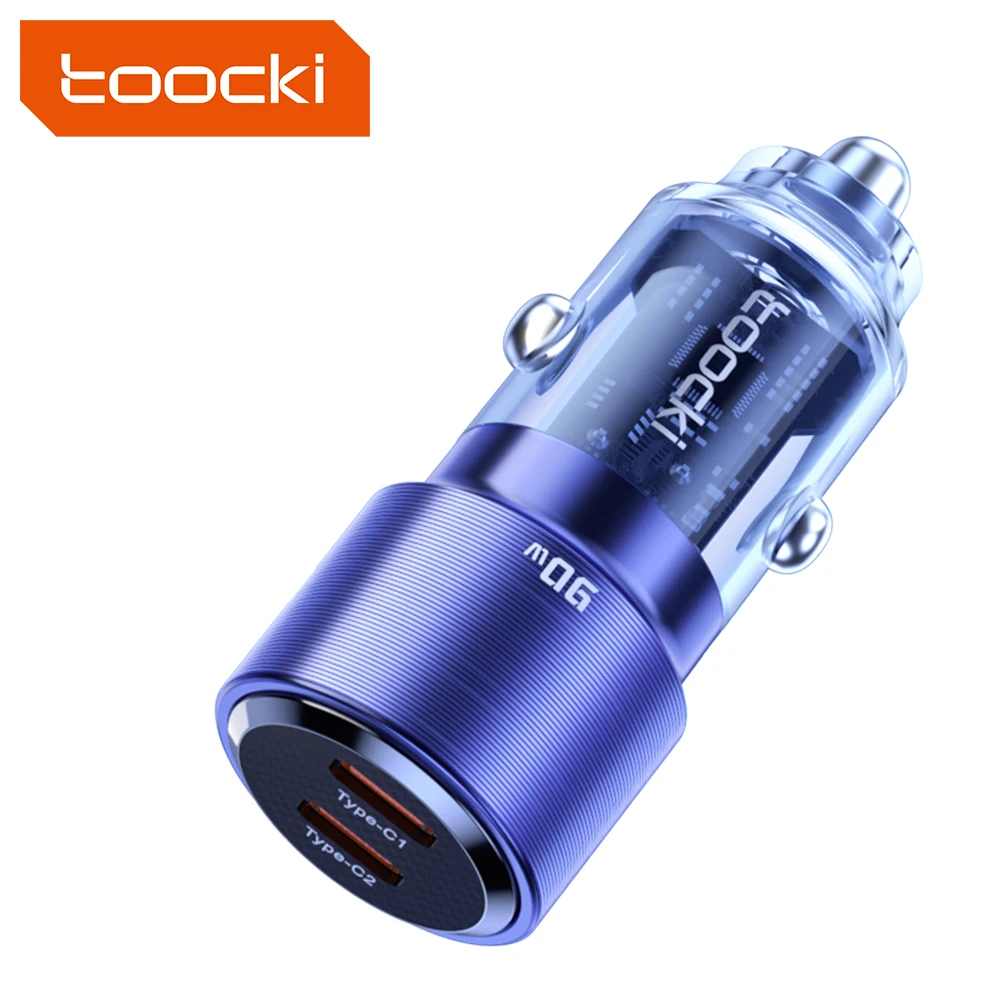 Toocki High Power 90w dual type c car charger with transparent design pd car charger for laptop