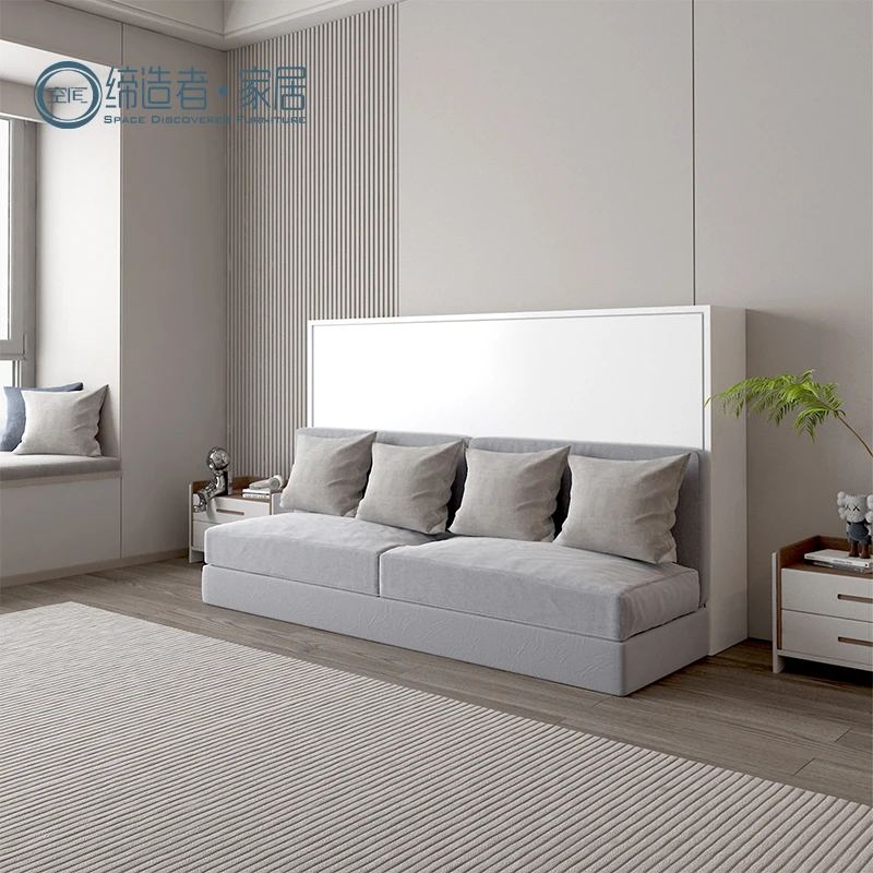 Space Saving Invisible Horizontal Marfy Wall Foldable Bed Steel Structure Double Full Murphy Wall Bed With Sofa Wall Bedroom