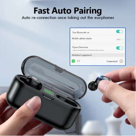 
FBA Amazon Best quality auriculares wireless TWS 2000mah F9 earbuds 5.0 stereo digital touch earphone TWS F9 