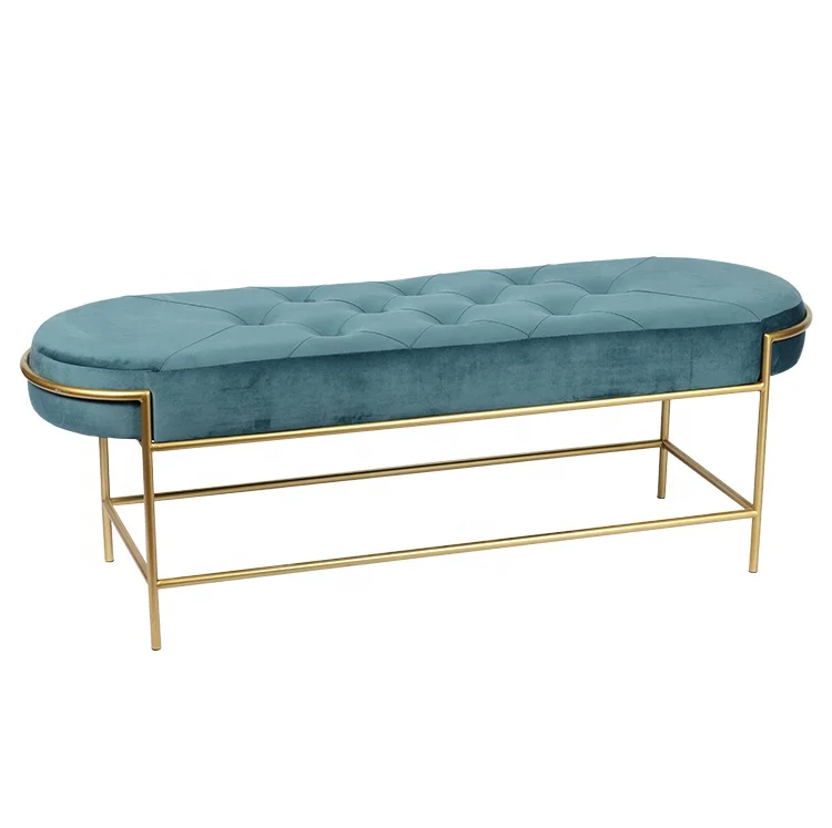 Modern Long Velvet Ottoman Salon Waiting Bench Modern Home Stool Gold Metal Legs Leather Long Rectangle Shaped Velvet Bench
