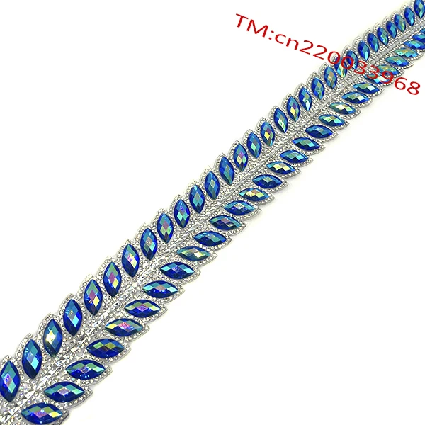 Horse eye Leaf shape Iron on yellow AB gems alternates gold base Hot fix rhinestone chain trimming for Carnival dress decoration