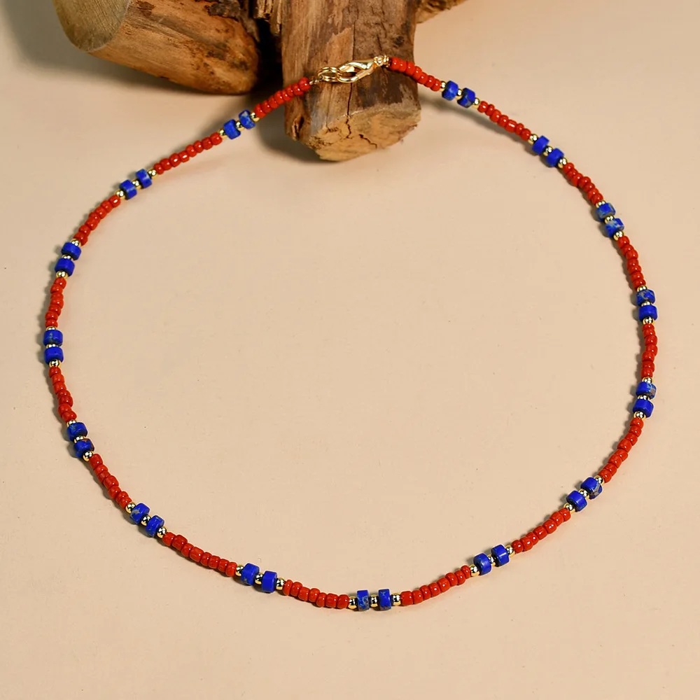 Hot sell free sample DIY Handmade Beaded Semi-Precious Necklace with glass beads and natural stone lucky jewellery