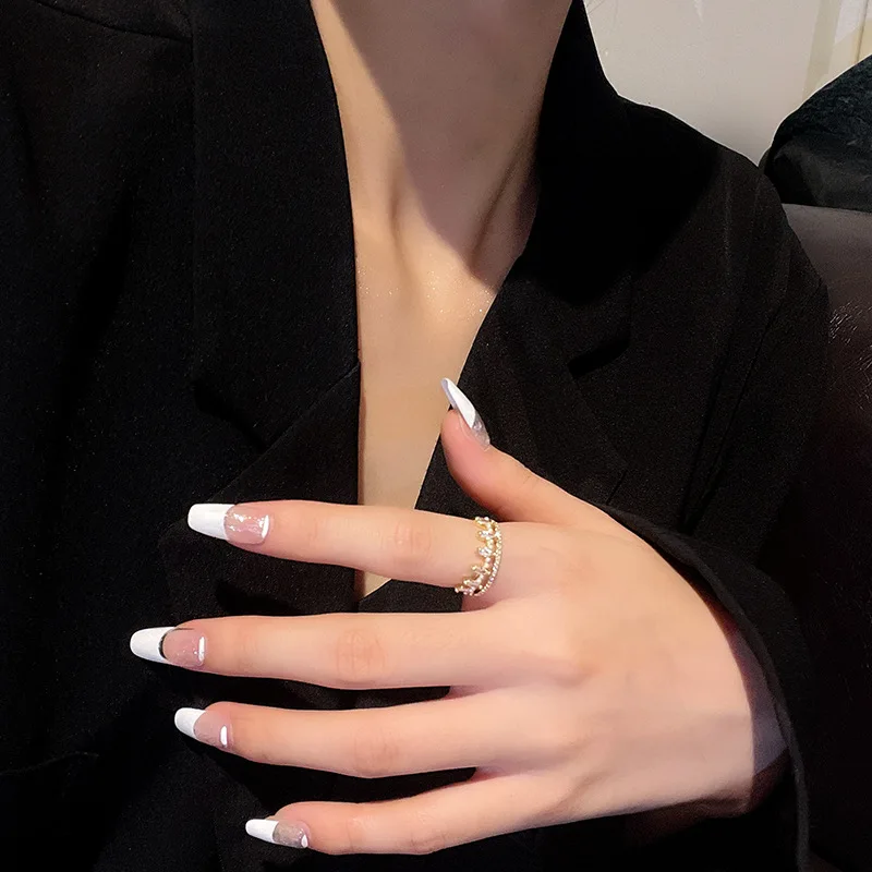 18K gold crown diamond ring female simple Korean style design open index finger ring