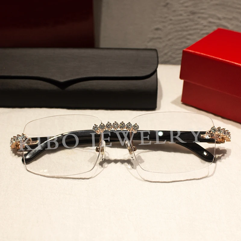 Hip Hop Rapper Iced Out Men Rimless Glasses Buffalo Big C VVS Moissanite Diamond Sunglasses