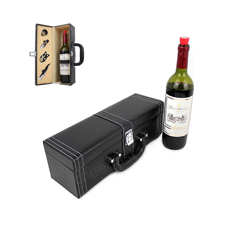 Father Day Gift 4pcs Tools Inside Wine Single Bottle Box PU Leather Premium Wine Carrier Case