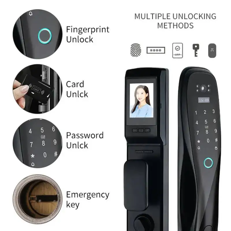 Waterproof Biometric Fingerprint Home Porte En Bois 3d Face Recognition Camera Smart Lock for Front Door WiFi Zigbee Wood