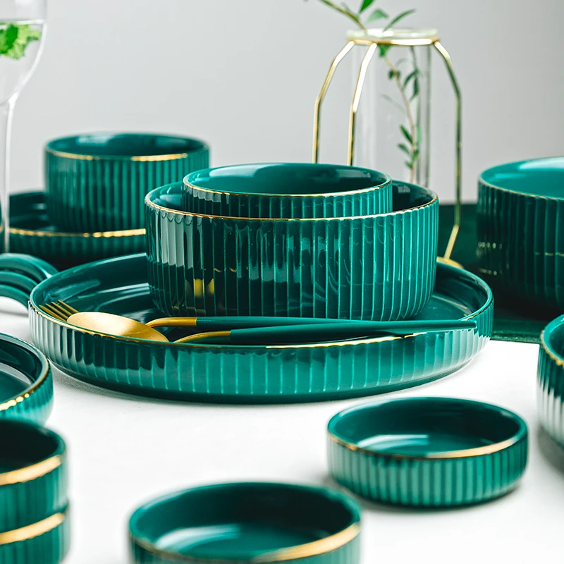 
Jade-cer Nordic Luxury Gold Border Design Emerald Color Ceramic Dinnerware tableware Sets European style 