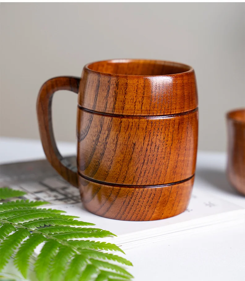 Factory Direct Custom Logo Vintage Wood Grain Big Belly Tea Cups and Saucers Premium Wooden Coffee Mug