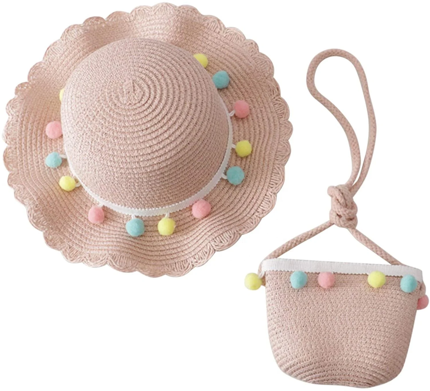 Cute Kids Toddler Baby Girls Multi-Colors Large Wide Brim Flower Beach Cap Sun Pompom Straw Hat and Bag Set