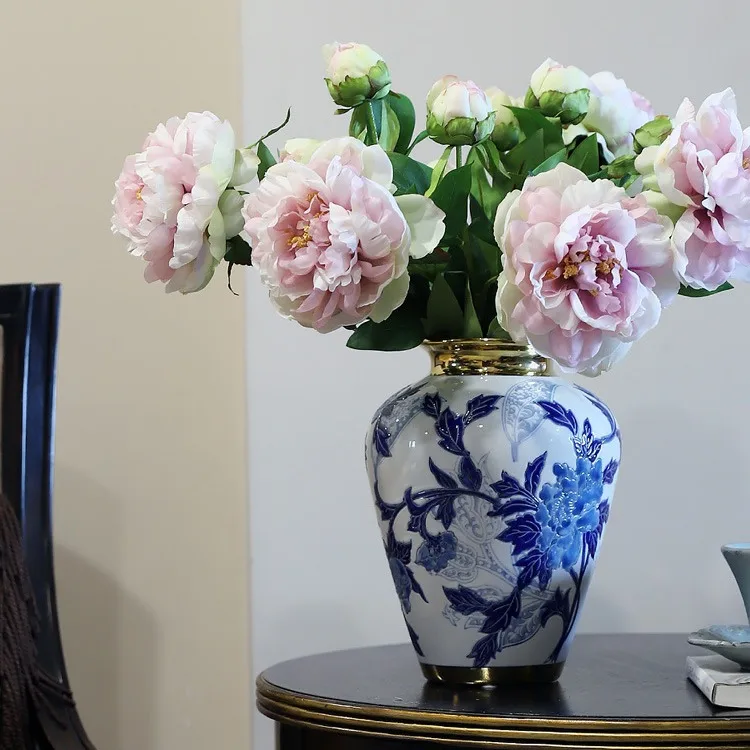 New Chinese Hand-painted Blue and White Porcelain Vase Ceramic Decorative Ornaments Living Room TV Cabinet Hallway Flower Arrang