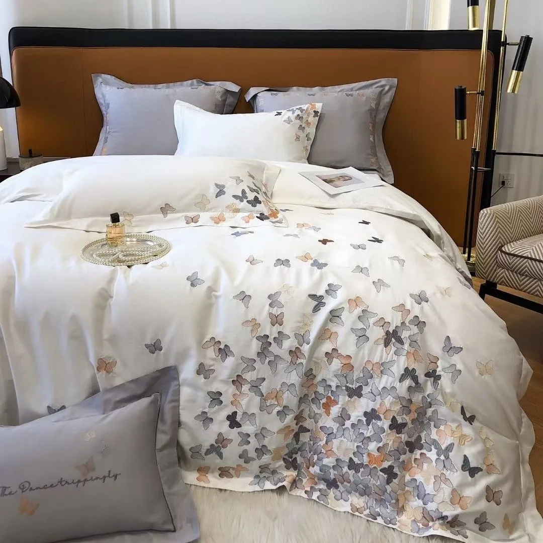 Butterflies Embroidery Cotton 60S King Size Bedding Set Luxury New Fashion Embroidery Bed Sheet