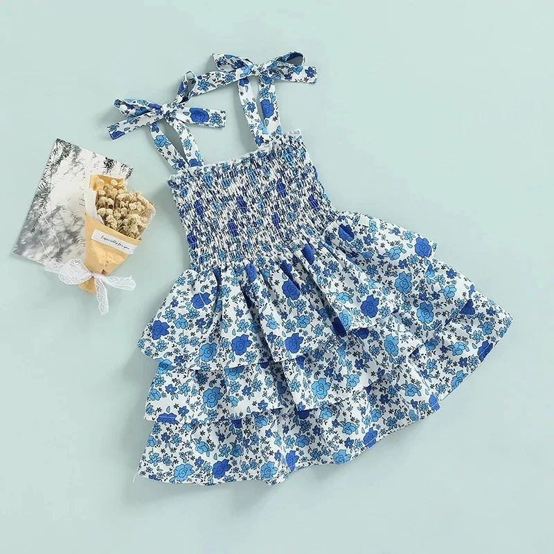 Girls Summer New Dresses Infant Floral Sling Dress Fashion Girls Design Pleated Dresses