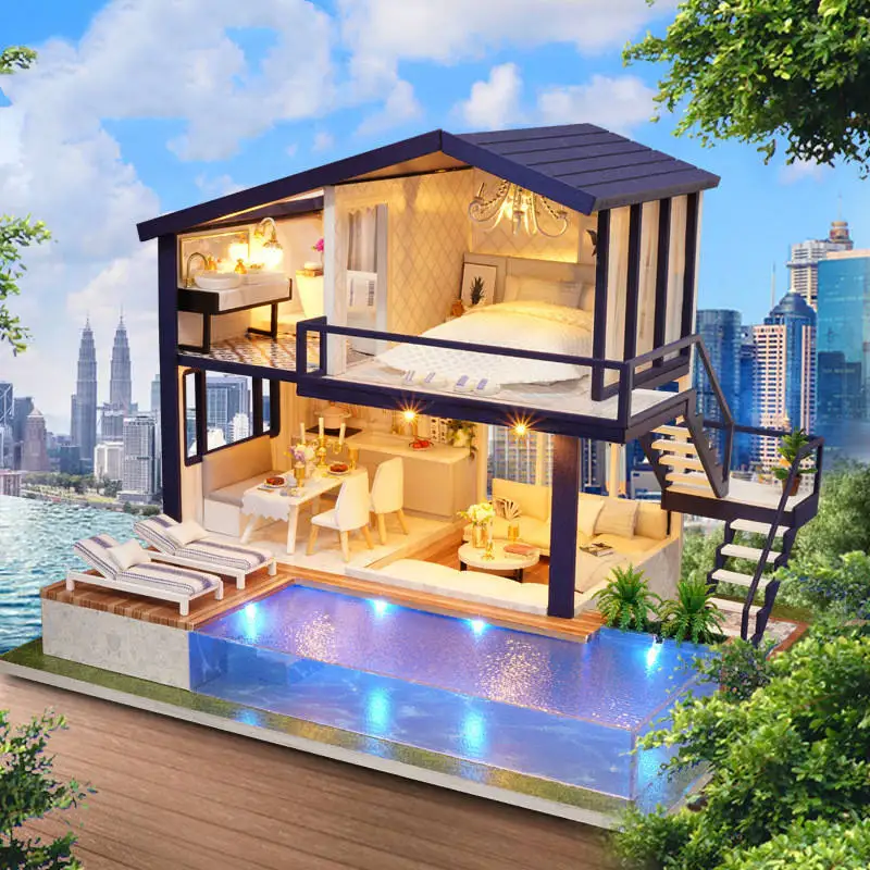 DIY Wooden Doll House Model Duplex Time Apartment With LED Lights, Music and Pool