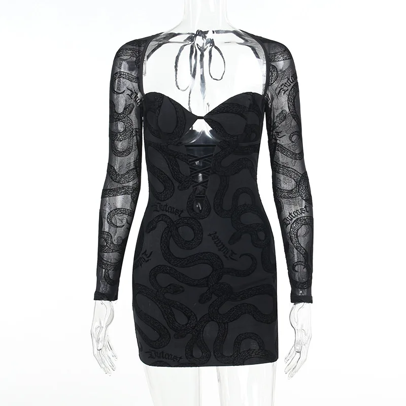 Customization Sexy Club Dresses Women Halter Long Sleeve Black Night Club Short Mini Flocking Dress Fall 2023