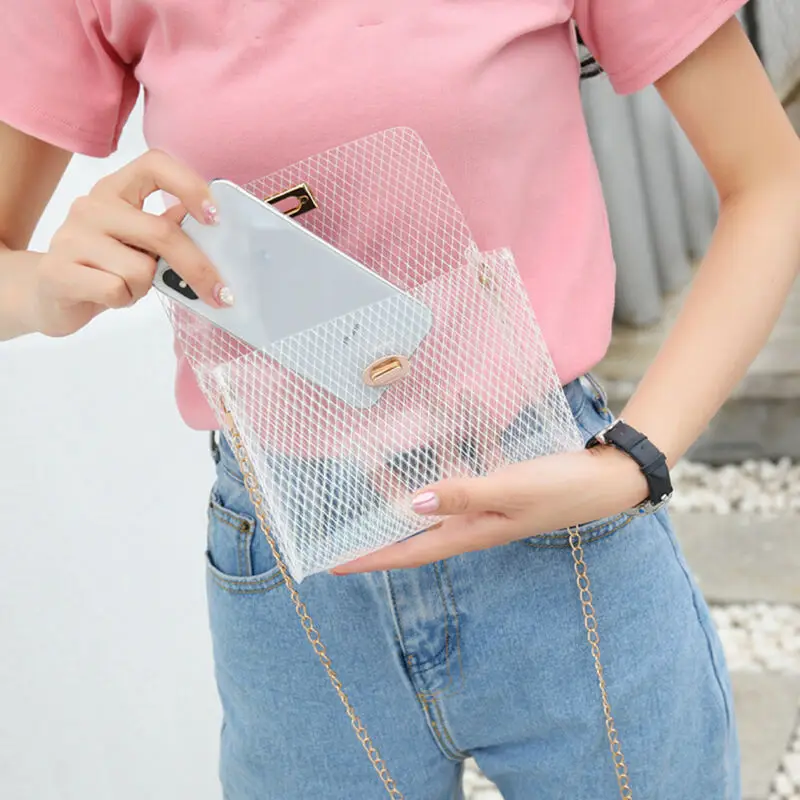 New Women PVC Clear Chain Cross Body Bag Tote Transparent Shoulder Handbag Purse
