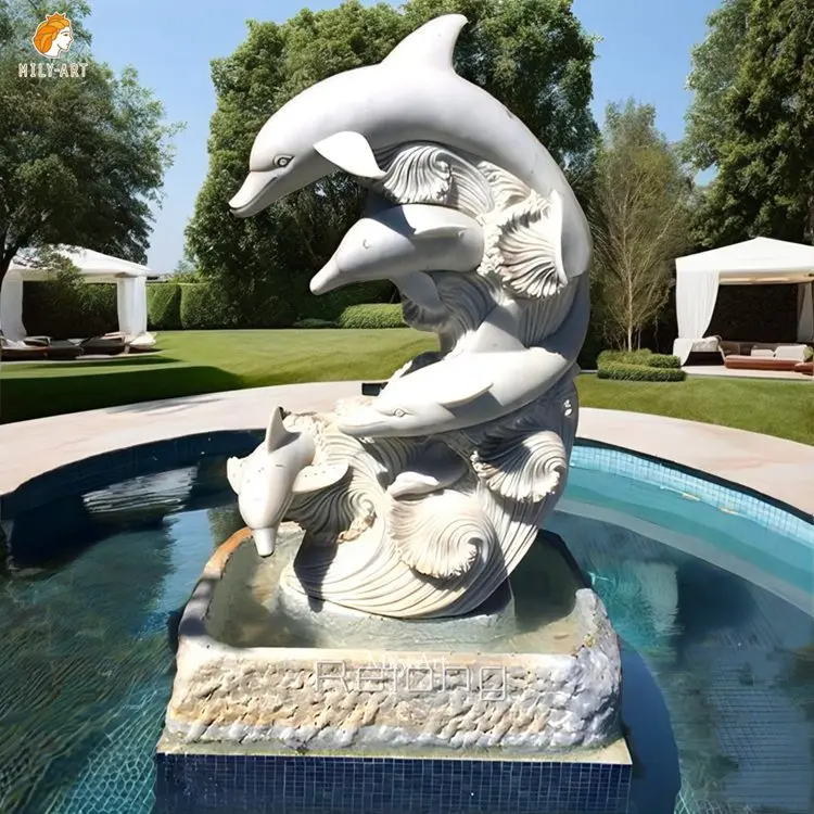 Hot Sale Custom Design White Marble Carving Dolphin Statues Sculpture  for Swimming Pool