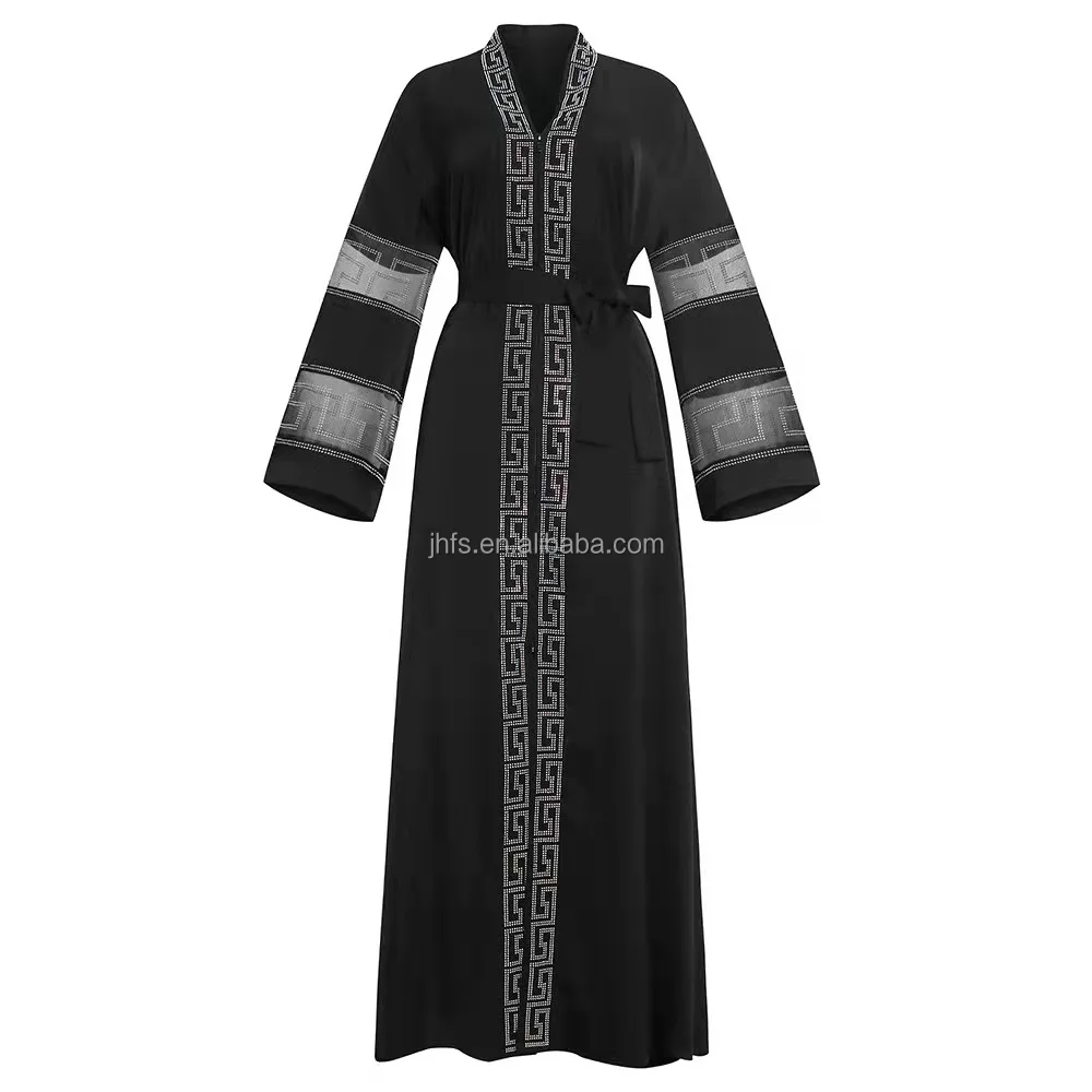 J&H 2022 luxury rhinestone diamond abaya with under dress chiffon 2 piece set Islamic clothing kaftan style muslim dress