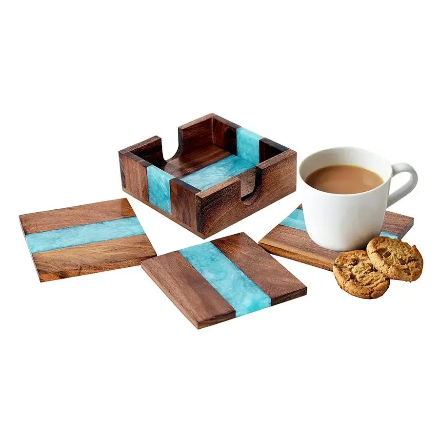 Wholesale Custom Logo Round Wooden Coaster Set of 4 Pieces with Holder Acacia Wood and Epoxy Resin Coasters for Drinks