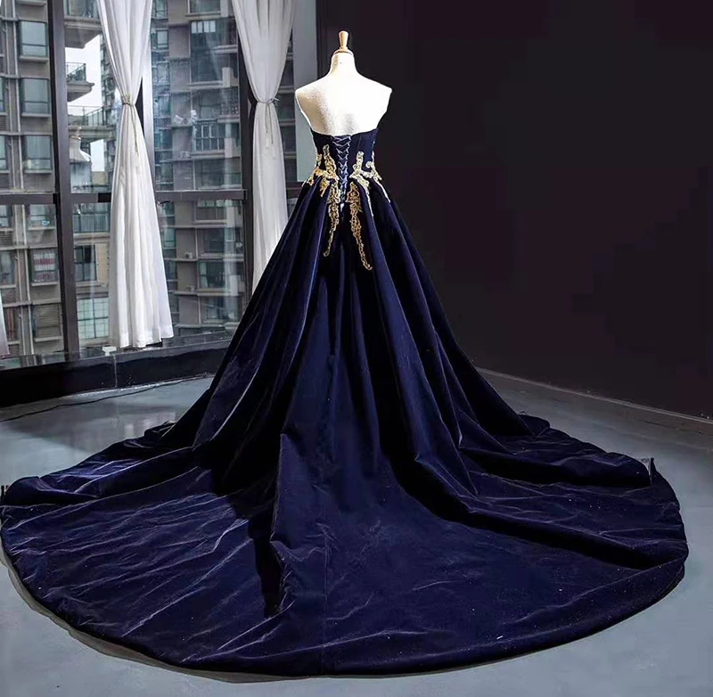 Real luxury high quality gold applique with belt empire waist hot selling evening dresses