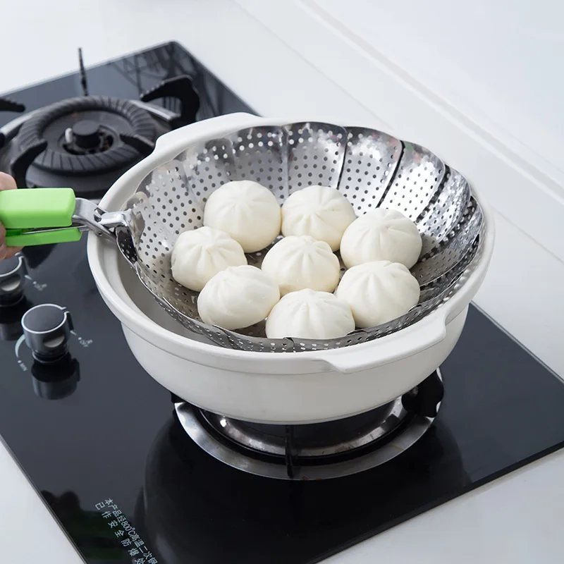 Household retractable water-proof steaming grid Stainless steel lotus folding steaming tray vegetable and fruit drain basket