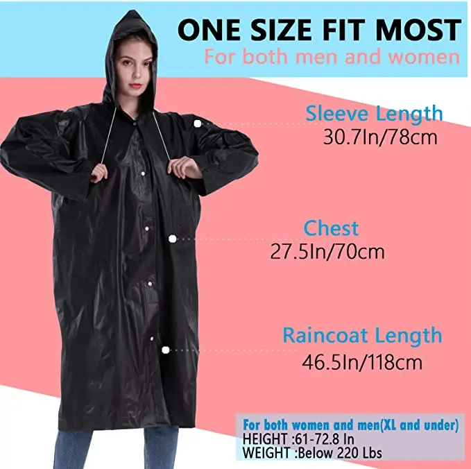Long Translucent Rain Poncho Adults EVA Reusable Raincoat Emergency Rain Gear Jacket Hood Elastic Sleeve waterproof