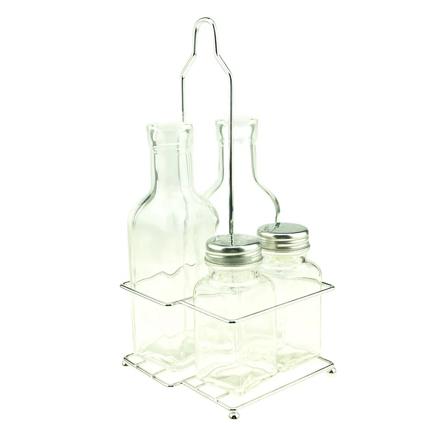 200ml transparent glass oil vinegar bottle and 80ml glass spice jar total four pcs rack set  kitchen