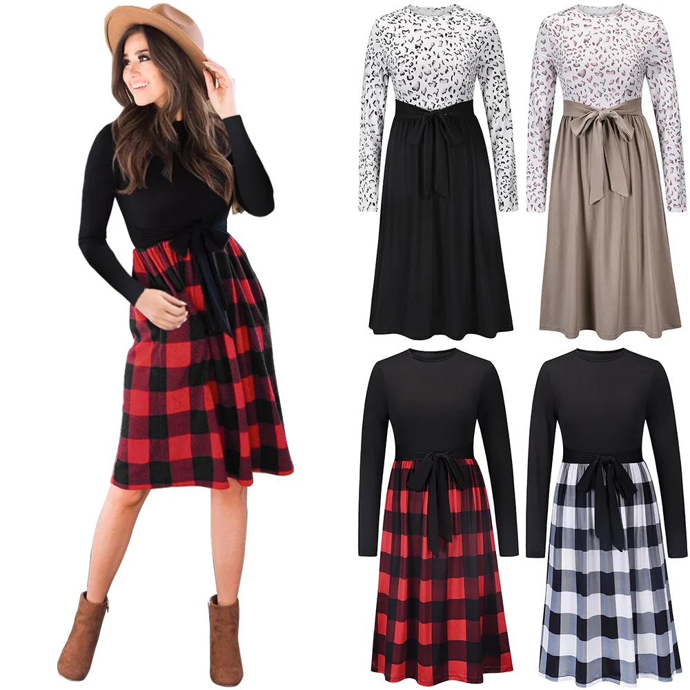 2021 Autumn O-neck Long Sleeve Scotch Dress Women Red Plaid Dress Womens Formal Dresses Elegant