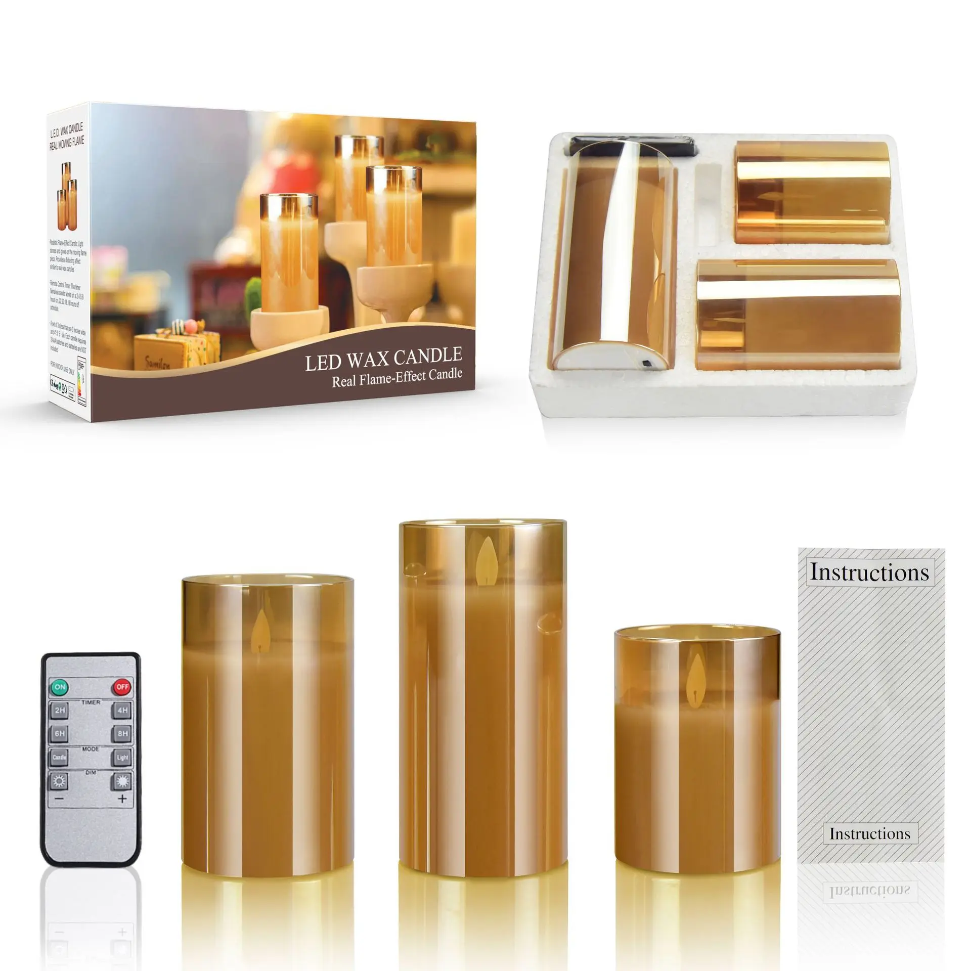 Tawny plated glass electronic candle 3 pcs set simulation shake flame led remote control candle