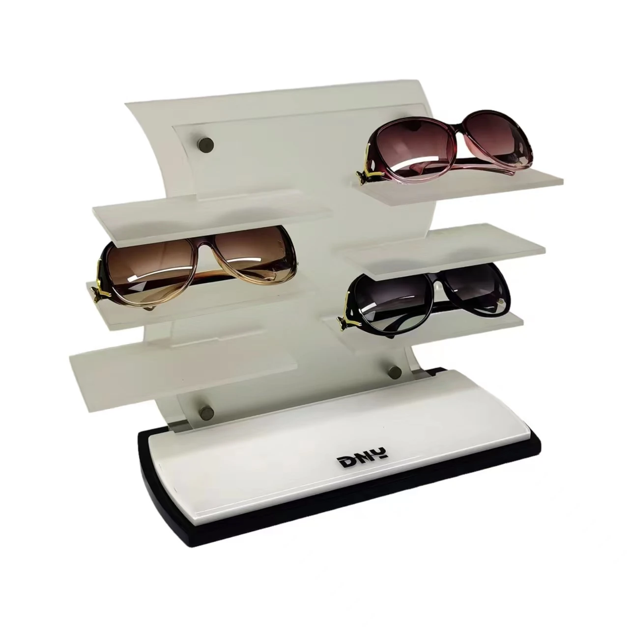 DNY Customized Simple Three Tiers of Six Transparent Acrylic Eyeglasses Display Rack with Company Store LOGO Sign