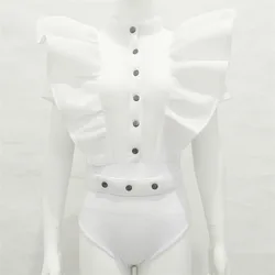 Hot Selling Transparent Ruffles Button Long Sleeve Bodysuit Women Sexy Mesh Bodysuit