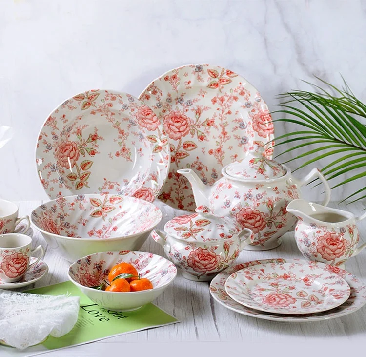 Promotion British Red Rose Pattern Dinner Set Discount Ceramic Dinner Plate