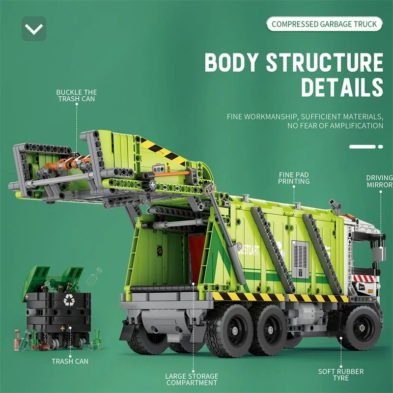 Reobrix 22022 Electric Remote Control Engineering Compressed Garbage Truck Model DIY Plastic Building Block Brick Sets Toys