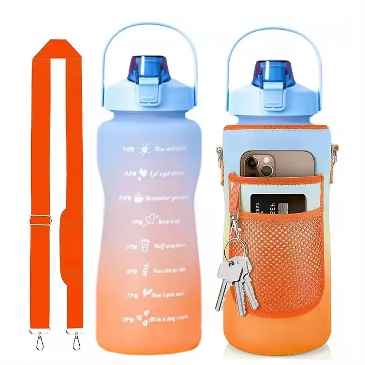 2L Portable Handfree Tritan Neoprene Bottle Motivational Time Marker Jug Fitness Gym Sport Water Bottle Bag with Strap