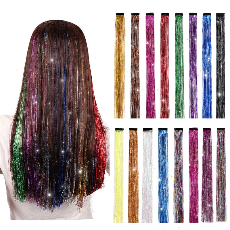 BB clip dazzling laser colored wig patch straight hair golden wire seven color bright silk hair extensions for women
