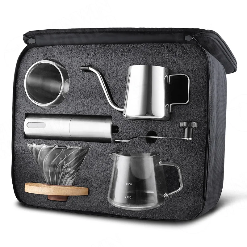 Modern Dripper Coffee Gift Set Includes Kettle,Manual Grinder and Glass Cup,ALL in 1 Great Portable Box for Traveling