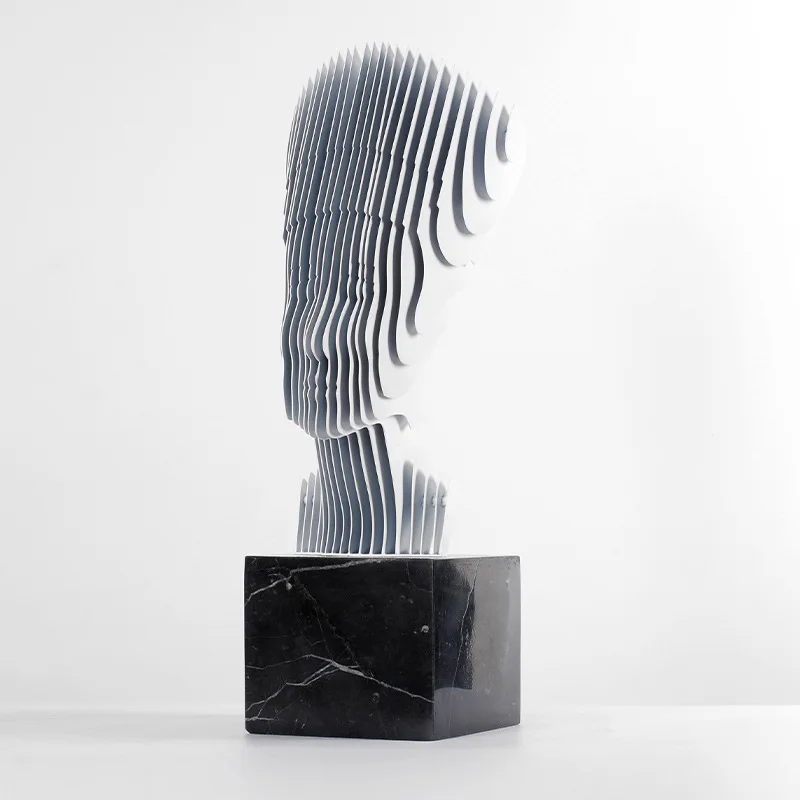 Minimalist Art Hollowing Design Human Head Statue Metal Sculpture With Marble Base
