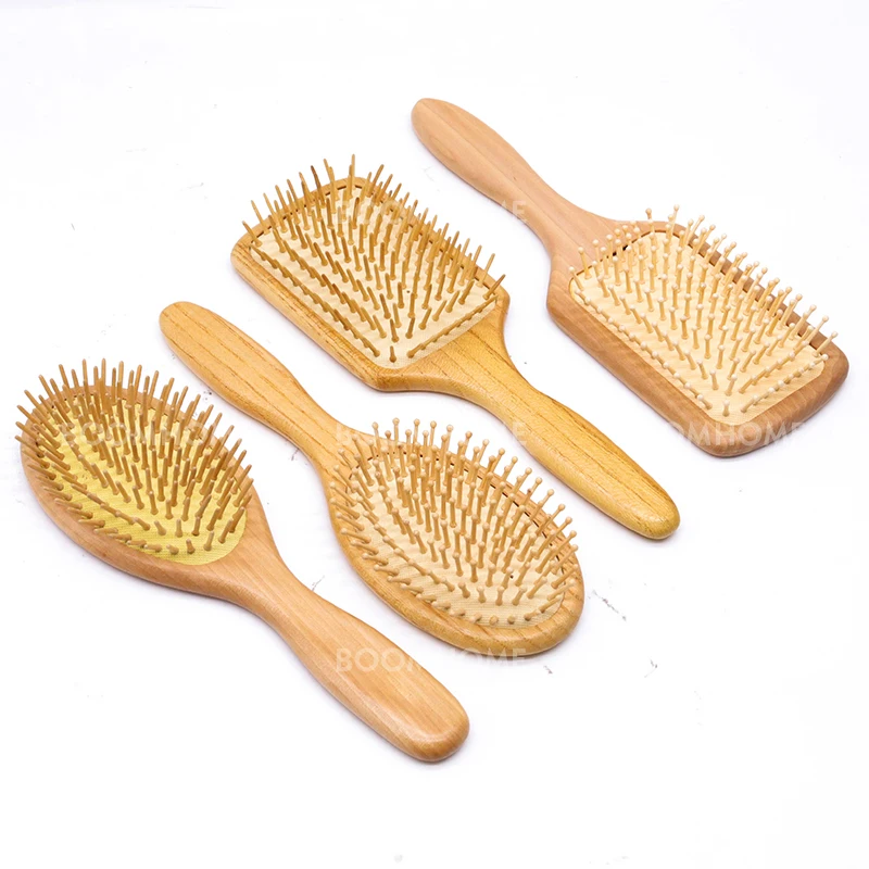Custom Logo wood needle cushion brush Packing Wide Tooth  Brush Set 4styles Natural wooden Paddle custom hairbrush