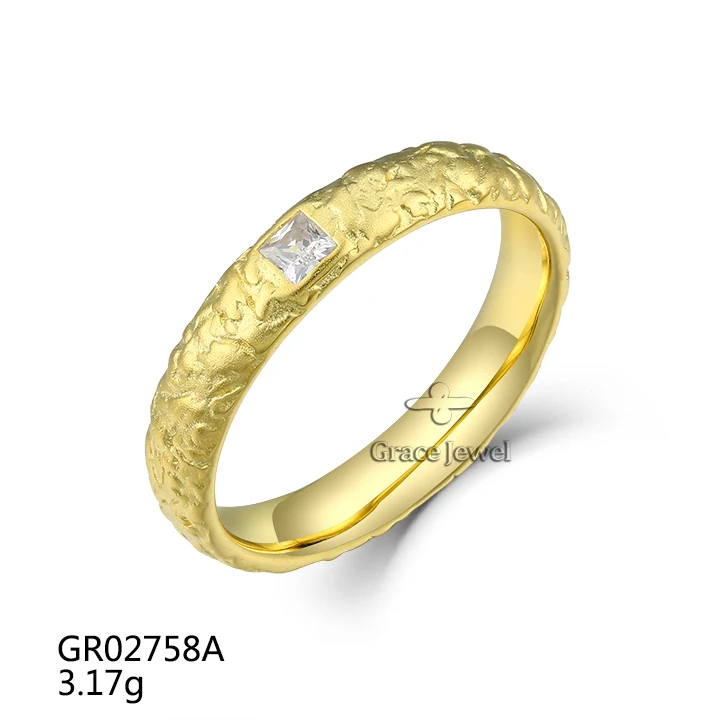 Grace Matte Unique Texture Square Zircon 925 Sterling Silver 18K Gold Plated Men Wedding Ring