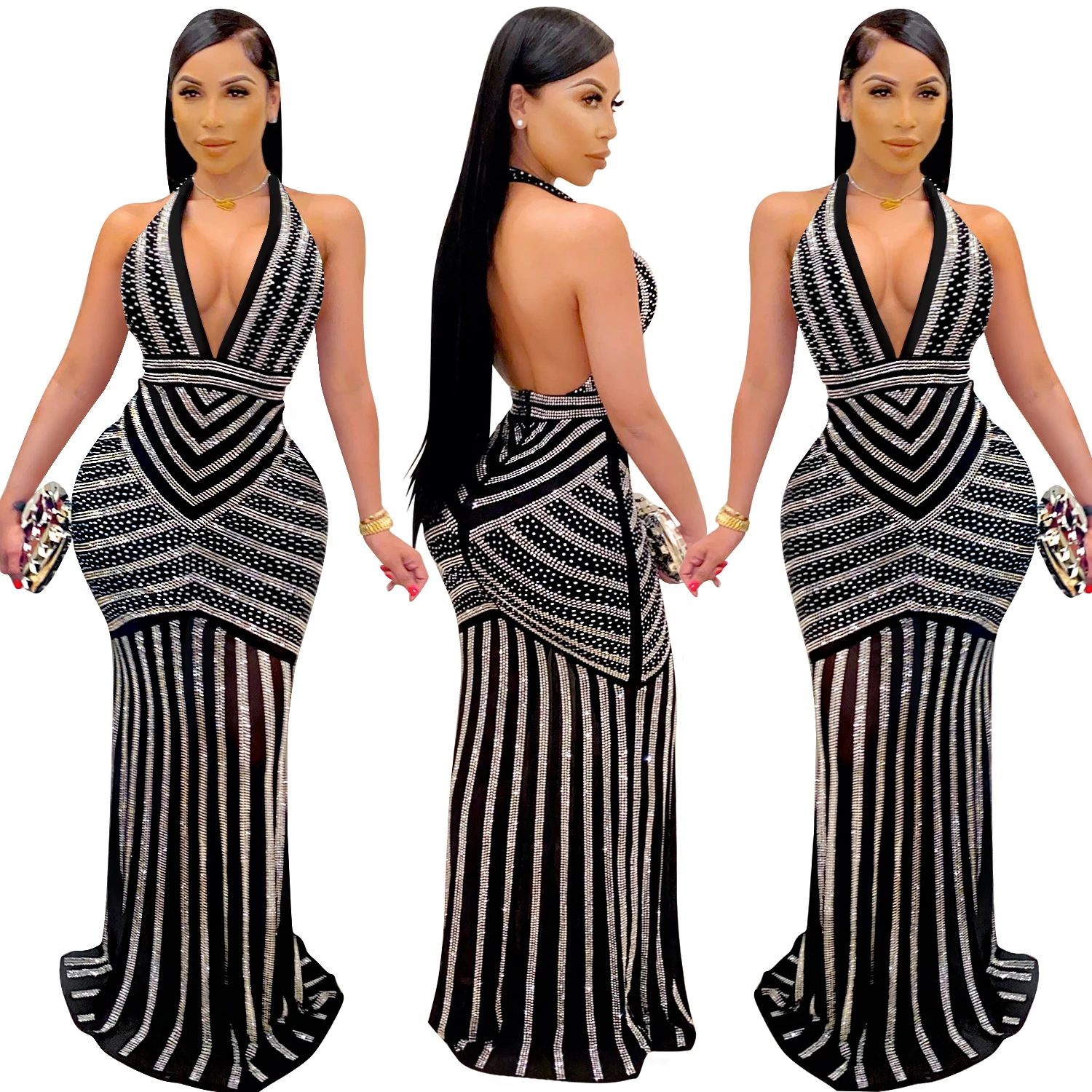 
OR-X3816 Sexy deep V backless nightclub evening long dress ironed drill birthday diamond see through skirt party dress 